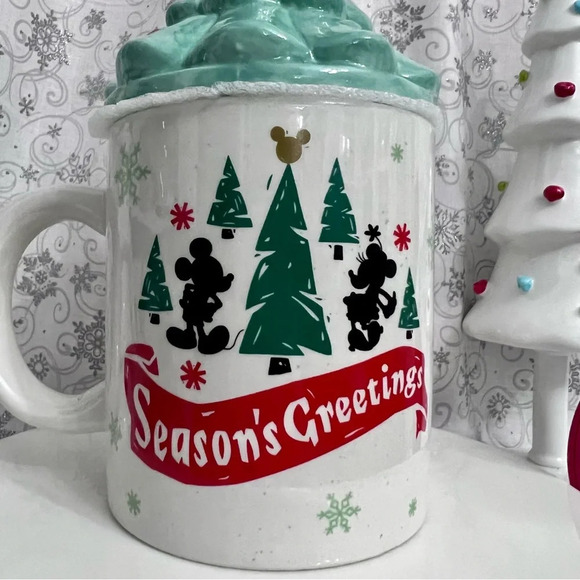 New Disney Mickey & Minnie Mouse Mug W/ Christmas Tree & Star Topper Lid 18 Oz. - Picture 10 of 10